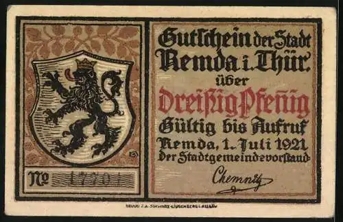 Notgeld Remda, 1921, 30 Pfennig, Das alte Remda und Stadtwappen mit Löwen