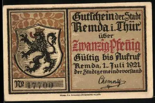 Notgeld Remda, 1921, 20 Pfennig, Löwe und Stadtansicht mit Rathaus