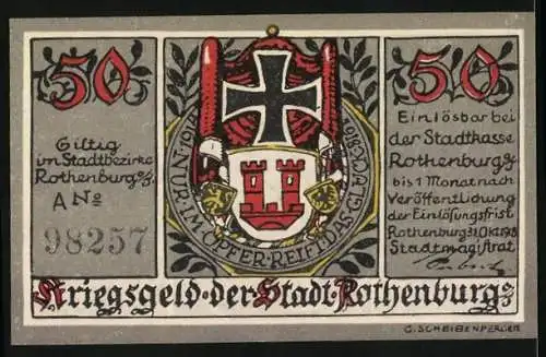 Notgeld Rothenburg, 50 Pfennig, Kriegsheld vor Burgansicht und Stadtwappen mit Kreuz