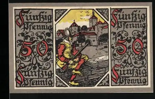 Notgeld Rothenburg, 50 Pfennig, Kriegszeit Stadtansicht und Wappen, gültig im Stadtbezirk Rothenburg