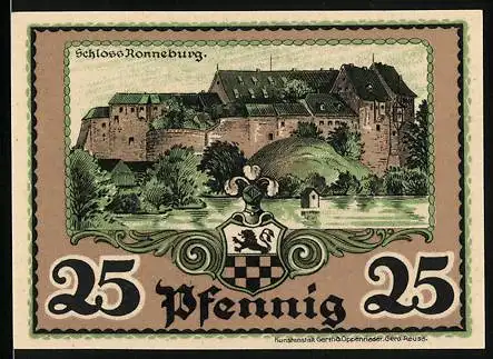 Notgeld Ronneburg, 1921, 25 Pfennig, Schloss Ronneburg und traditionell gekleidete Menschen