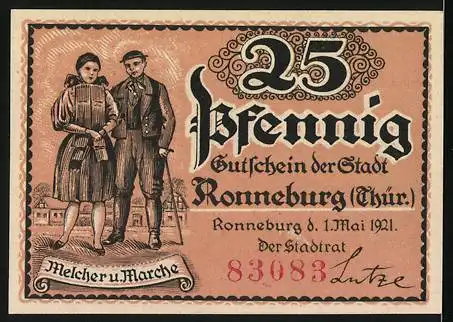 Notgeld Ronneburg, 1921, 25 Pfennig, Schloss Ronneburg und traditionell gekleidete Menschen