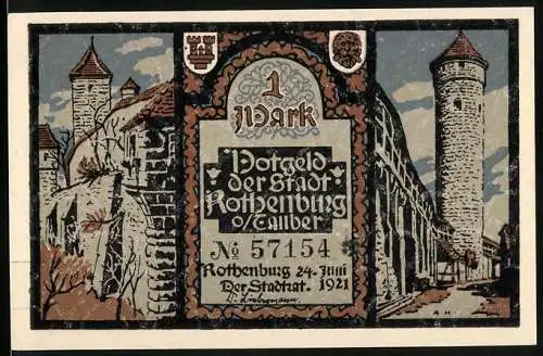 Notgeld Rothenburg ob der Tauber 1921, 1 Mark, mittelalterliche Stadtansicht und historische Szene mit Inschrift