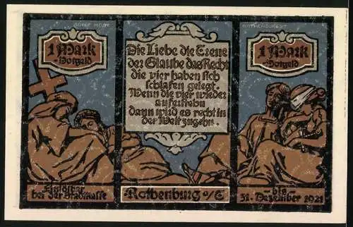 Notgeld Rothenburg ob der Tauber 1921, 1 Mark, mittelalterliche Stadtansicht und historische Szene mit Inschrift