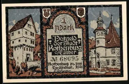 Notgeld Rothenburg ob der Tauber, 1921, 1 Mark, Stadtansichten und allegorische Darstellungen