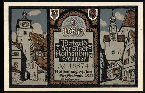 Notgeld Rothenburg 1921, 1 Mark, Gebäudeansichten und historische Szenen