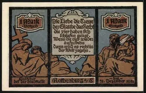 Notgeld Rothenburg 1921, 1 Mark, Gebäudeansichten und historische Szenen