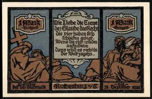 Notgeld Rothenburg o/T, 1921, 1 Mark, Illustration von Rittern und Stadtansicht, Nr. 85492