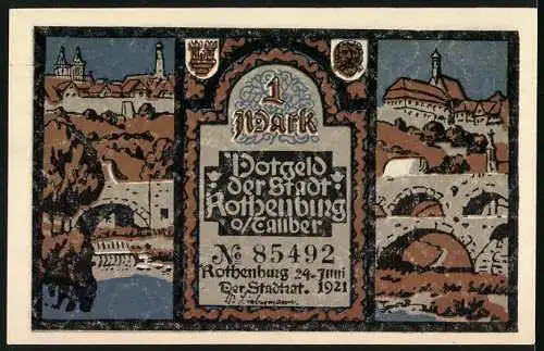 Notgeld Rothenburg o/T, 1921, 1 Mark, Illustration von Rittern und Stadtansicht, Nr. 85492