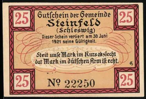 Notgeld Steinfeld 1920, 25 Pfennig, Gutschein der Gemeinde mit Windmühle und Dorfansicht