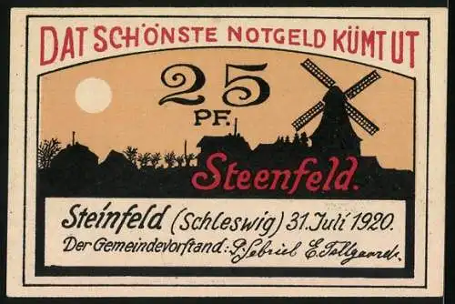 Notgeld Steinfeld 1920, 25 Pfennig, Gutschein der Gemeinde mit Windmühle und Dorfansicht