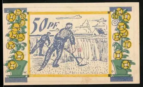 Notgeld Seeth-Eekholt, 1921, 50 Pf, Szene der Getreideernte und Blumendekor