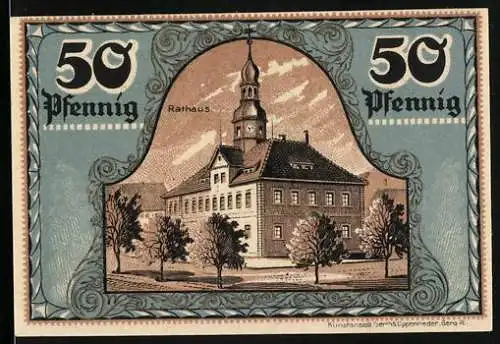 Notgeld Ronneburg, 1921, 50 Pfennig, Rathaus und Stadtwappen, Gutschein der Stadt Ronneburg (Thür.)