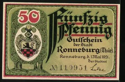 Notgeld Ronneburg, 1921, 50 Pfennig, Rathaus und Stadtwappen, Gutschein der Stadt Ronneburg (Thür.)