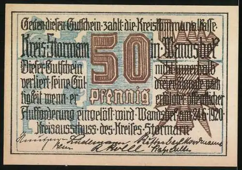 Notgeld Stormarn 1920, 50 Pfennig, Bauern bei der Feldarbeit und Text