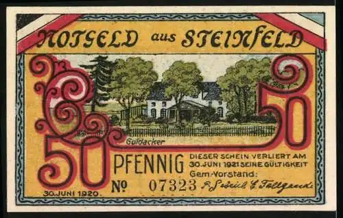 Notgeld Steinfeld, 1920, 50 Pfennig, Gebäude, Landschaft und Steinen