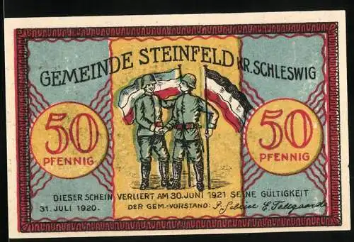 Notgeld Steinfeld Kr. Schleswig 1920, 50 Pfennig, Zwei Soldaten mit Fahnen und Landschaftsszene