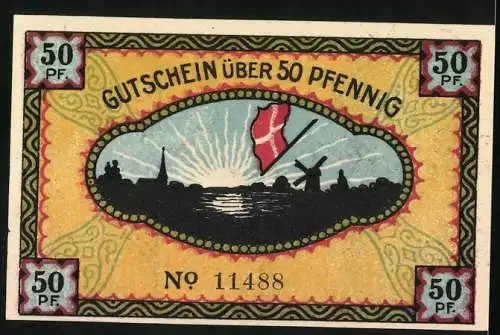 Notgeld Steinfeld Kr. Schleswig 1920, 50 Pfennig, Zwei Soldaten mit Fahnen und Landschaftsszene