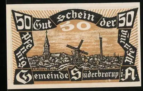 Notgeld Süderbrarup, 1920, 50 Pfennig, Kirche und Windmühle, schlafendes Lamm mit Waage und Ähren