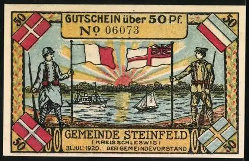 Notgeld Steinfeld 1920, 50 Pfennig, Männer mit Flaggen vor See und Männer mit Flaggen vor Bäumen und Haus