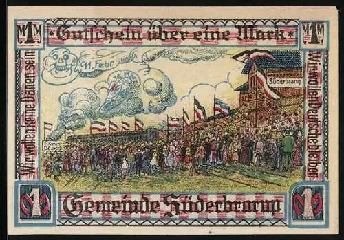 Notgeld Süderbrarup, 1921, 1 Mark, Festzug mit Schimmel und Baum mit Wappen