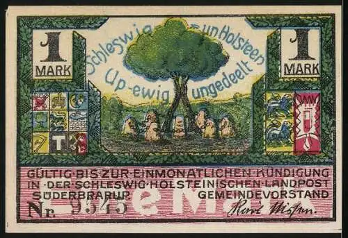 Notgeld Süderbrarup, 1921, 1 Mark, Festzug mit Schimmel und Baum mit Wappen