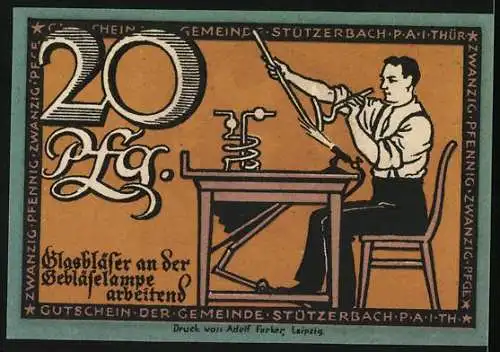 Notgeld Stützerbach 1921, 20 Pfennig, Glasbläser und Wappen mit Hahn