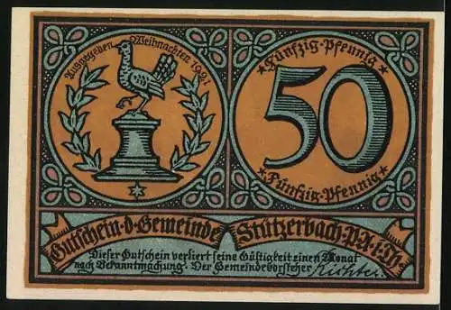 Notgeld Stützerbach 1921, 50 Pfennig, Glasmacher bei der Arbeit und Wappen mit Hahn