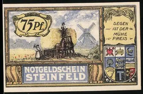 Notgeld Steinfeld 1921, 75 Pfennig, Erntewagen mit Windmühle und Adler mit Fahne