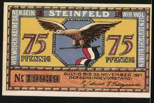 Notgeld Steinfeld 1921, 75 Pfennig, Erntewagen mit Windmühle und Adler mit Fahne