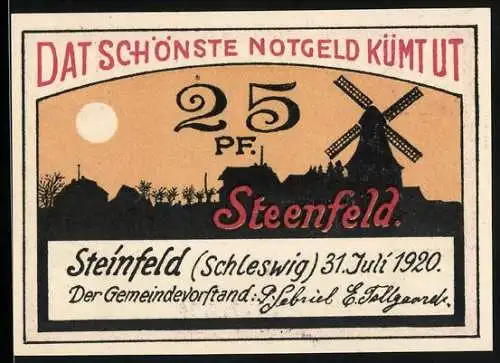 Notgeld Steinfeld 1920, 25 Pfennig, Dorf mit Windmühle und Sonnenaufgang, gültig bis 30. Juni 1921