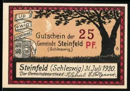 Notgeld Steinfeld 1920, 25 Pf, Gutschein der Gemeinde Steinfeld mit Baum und Mond, Gültigkeit bis 1921