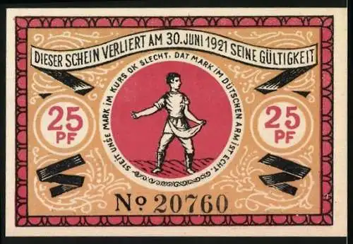 Notgeld Steinfeld 1920, 25 Pf, Gutschein der Gemeinde Steinfeld mit Baum und Mond, Gültigkeit bis 1921