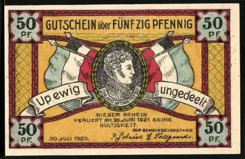 Notgeld Steinfeld, 1920, 50 Pfennig, Gutschein über 50 Pfennig mit Porträt und Fahnen, Szene und Flagge