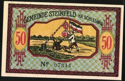 Notgeld Steinfeld, 1920, 50 Pfennig, Gutschein über 50 Pfennig mit Porträt und Fahnen, Szene und Flagge