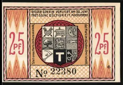 Notgeld Steinfeld 1920, 25 Pf, Wappen, Dorfsilhouette