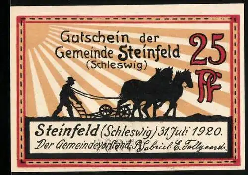 Notgeld Steinfeld (Schleswig) 1920, 25 Pf, Pferdegespann und Windmühle, Nr. 17306, gültig bis 30. Juni 1921