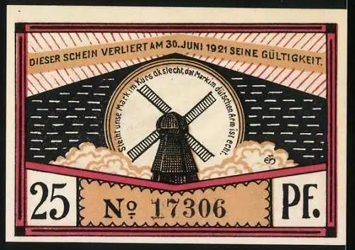 Notgeld Steinfeld (Schleswig) 1920, 25 Pf, Pferdegespann und Windmühle, Nr. 17306, gültig bis 30. Juni 1921