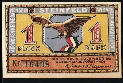 Notgeld Steinfeld, 1921, 1 Mark, mit Adler und Pflugmotiv, gültig bis 30. November 1921