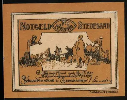 Notgeld Stedesand 1920, 30 Pfennig, Illustration von Bauern und landwirtschaftlicher Arbeit