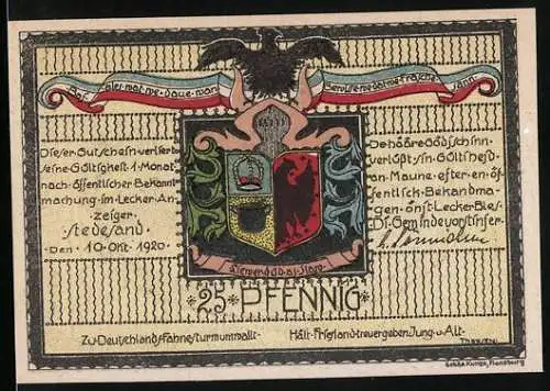 Notgeld Stedesand 1920, 25 Pfennig, mit Wappen und ländlicher Szene, deutsche Fahne und Haus mit Gänsen