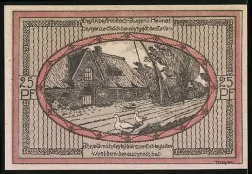 Notgeld Stedesand 1920, 25 Pfennig, mit Wappen und ländlicher Szene, deutsche Fahne und Haus mit Gänsen