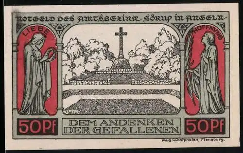 Notgeld Sörup in Angeln, 1920, 50 Pf, Dem Andenken der Gefallenen, Liebe und Hoffnung, Wappen