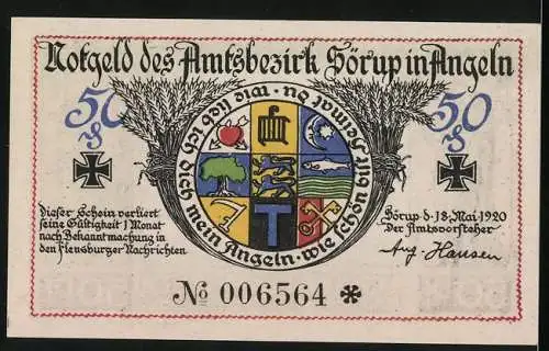 Notgeld Sörup in Angeln, 1920, 50 Pf, Dem Andenken der Gefallenen, Liebe und Hoffnung, Wappen