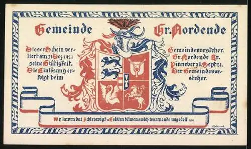 Notgeld Gross Nordende, 1921, 75 Pfennig, Frau mit Pferden und Wappen der Gemeinde