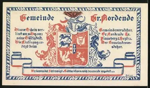 Notgeld Gr. Nordende, 1921, 1 Mark, bäuerliche Szene mit Kühen und Wappen der Gemeinde