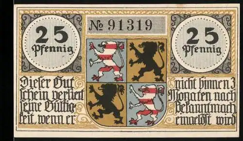 Notgeld Hildburghausen, 25 Pfennig, Stadtwappen und Gebäude der Stadt im Hintergrund