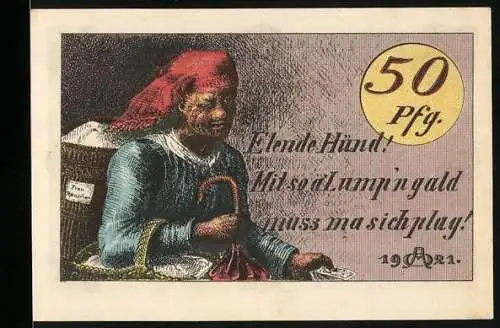 Notgeld Hildburghausen, 1921, 50 Pfennig, Frau mit roter Haube und Spruch, Stadtwappen rückseitig