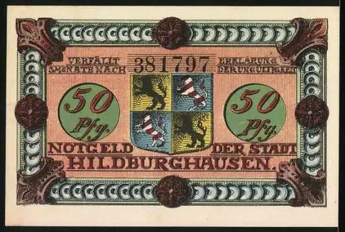 Notgeld Hildburghausen, 1921, 50 Pfennig, Frau mit roter Haube und Spruch, Stadtwappen rückseitig