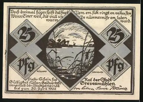 Notgeld Grevesmühlen, 1922, 25 Pfennig, Stadtansicht und Gedicht, Gültigkeit bis 30. April 1922